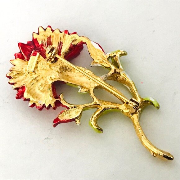Rafaelian Signed Enameled Brooch Red Flower Gold Tone Vintage Pin - Picture 3 of 3